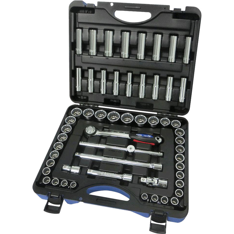 SAE/Metric 12-Point Socket Set, 55 Pcs, 1/2" Drive Size, Deep