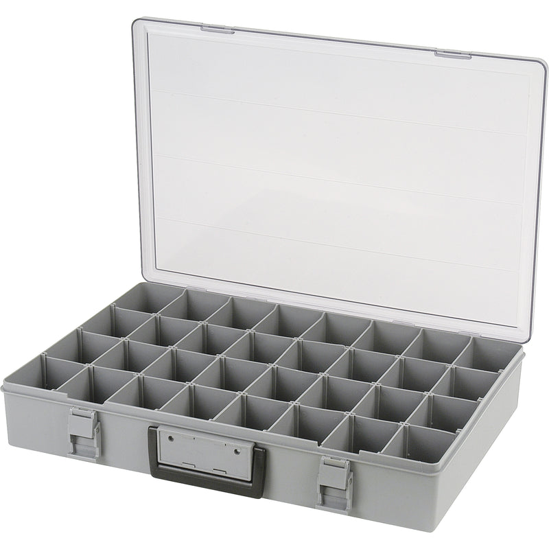 Étui à compartiments, plastique, 32 emplacements, 47 cm (l) x 33 cm (p) x 7,6 cm (h), gris