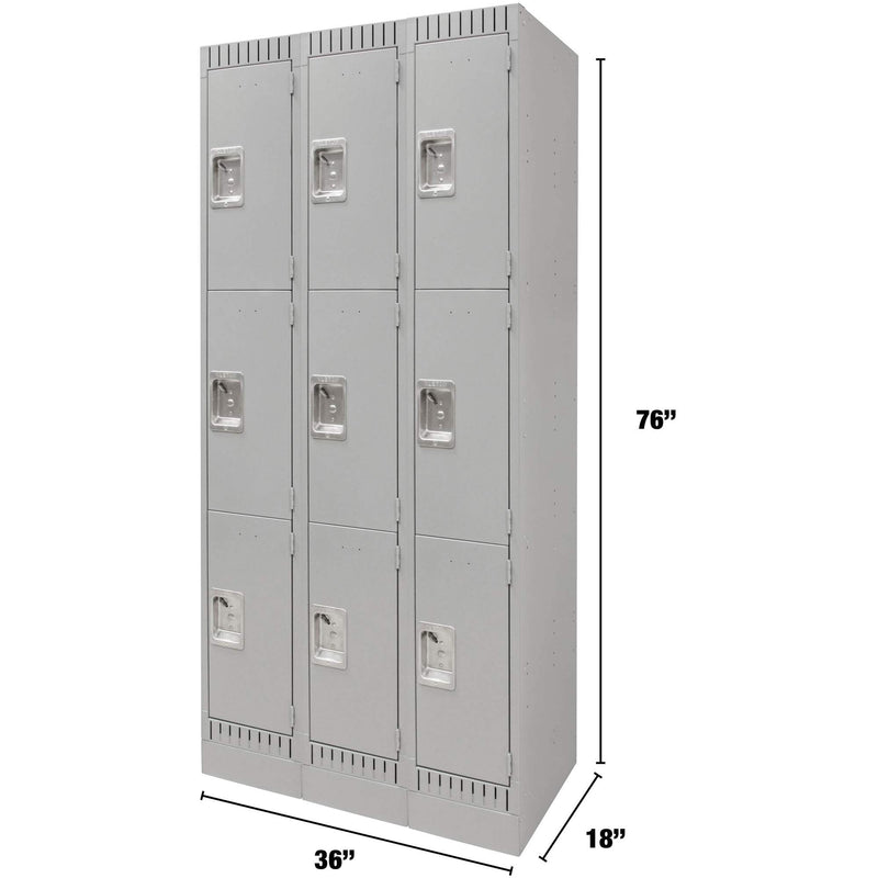 Lockers, 3 -tier, Bank of 3, 36" x 18" x 76", Steel, Grey, Knocked Down