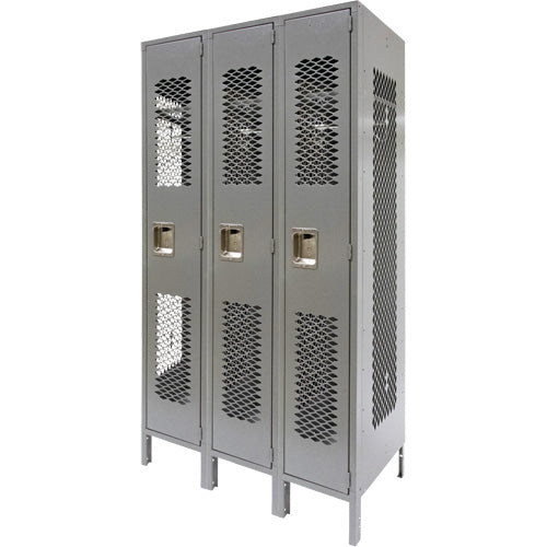 Vented Lockers, Bank of 3, 36" x 18" x 78", Steel, Grey, Knocked Down, Perforated