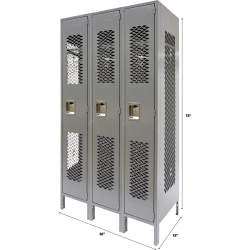 Vented Lockers, Bank of 3, 36" x 18" x 78", Steel, Grey, Knocked Down, Perforated