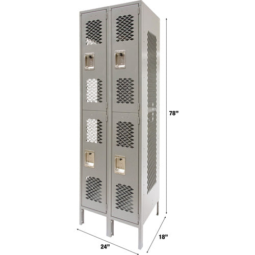 Vented Lockers, 2 -tier, Bank of 2, 24" x 18" x 78", Steel, Grey, Knocked Down, Perforated