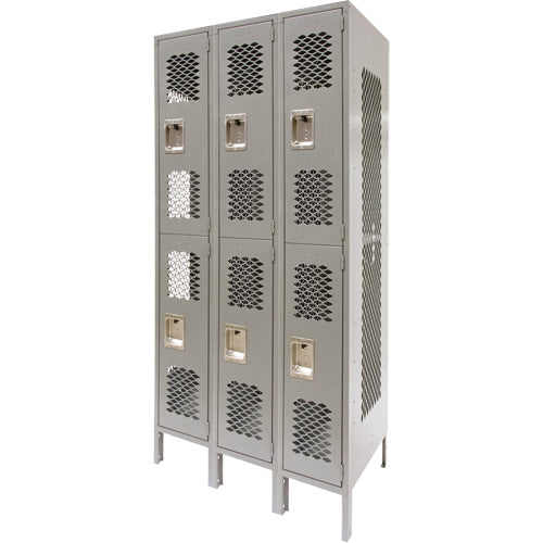 Vented Lockers, 2 -tier, Bank of 3, 36" x 18" x 78", Steel, Grey, Knocked Down, Perforated