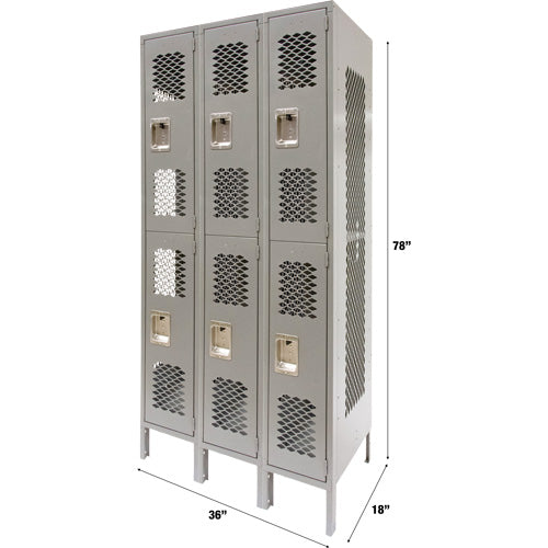 Vented Lockers, 2 -tier, Bank of 3, 36" x 18" x 78", Steel, Grey, Knocked Down, Perforated
