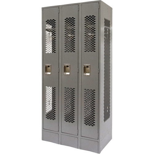 Vented Lockers, Bank of 3, 36" x 18" x 78", Steel, Grey, Knocked Down, Perforated