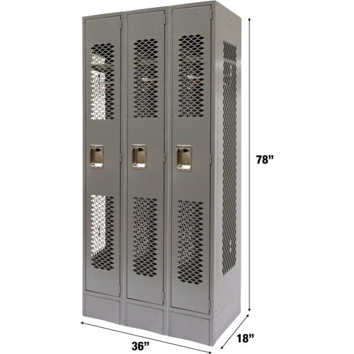 Vented Lockers, Bank of 3, 36" x 18" x 78", Steel, Grey, Knocked Down, Perforated