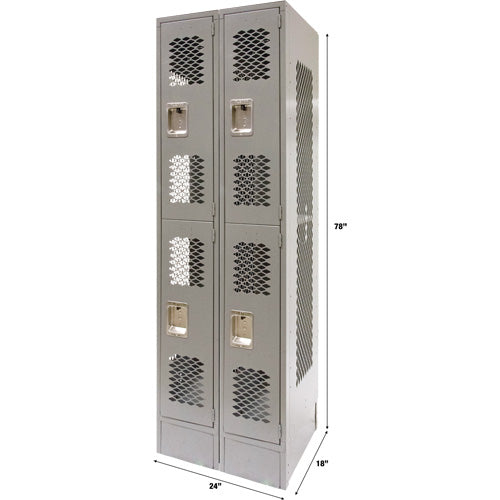 Vented Lockers, 2 -tier, Bank of 2, 24" x 18" x 78", Steel, Grey, Knocked Down, Perforated