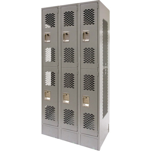 Vented Lockers, 2 -tier, Bank of 3, 36" x 18" x 78", Steel, Grey, Knocked Down, Perforated