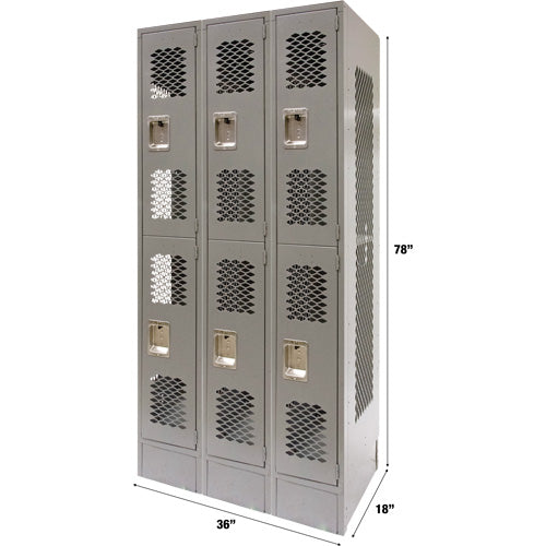 Vented Lockers, 2 -tier, Bank of 3, 36" x 18" x 78", Steel, Grey, Knocked Down, Perforated