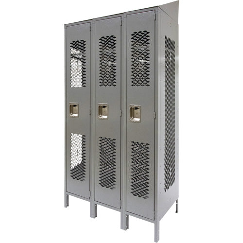 Vented Lockers, Bank of 3, 36" x 18" x 88", Steel, Grey, Knocked Down, Perforated