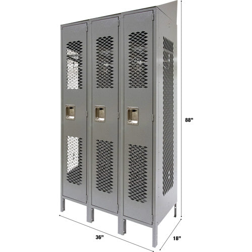 Vented Lockers, Bank of 3, 36" x 18" x 88", Steel, Grey, Knocked Down, Perforated