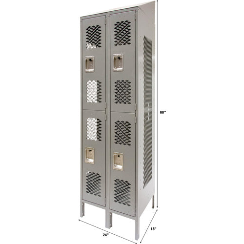 Vented Lockers, 2 -tier, Bank of 2, 24" x 18" x 88", Steel, Grey, Knocked Down, Perforated