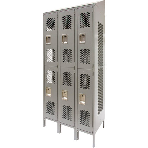 Vented Lockers, 2 -tier, Bank of 3, 36" x 18" x 88", Steel, Grey, Knocked Down, Perforated