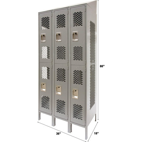 Vented Lockers, 2 -tier, Bank of 3, 36" x 18" x 88", Steel, Grey, Knocked Down, Perforated
