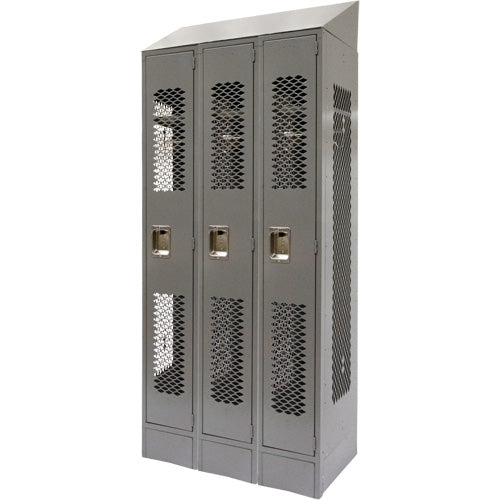 Vented Lockers, Bank of 3, 36" x 18" x 88", Steel, Grey, Knocked Down, Perforated