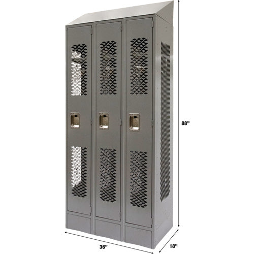 Vented Lockers, Bank of 3, 36" x 18" x 88", Steel, Grey, Knocked Down, Perforated