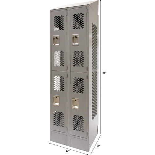 Vented Lockers, 2 -tier, Bank of 2, 24" x 18" x 88", Steel, Grey, Knocked Down, Perforated