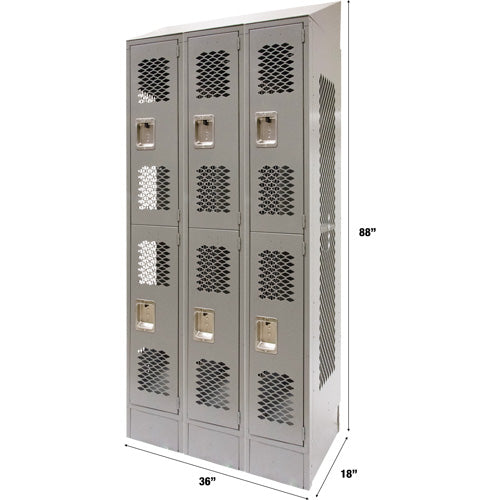 Vented Lockers, 2 -tier, Bank of 3, 36" x 18" x 88", Steel, Grey, Knocked Down, Perforated