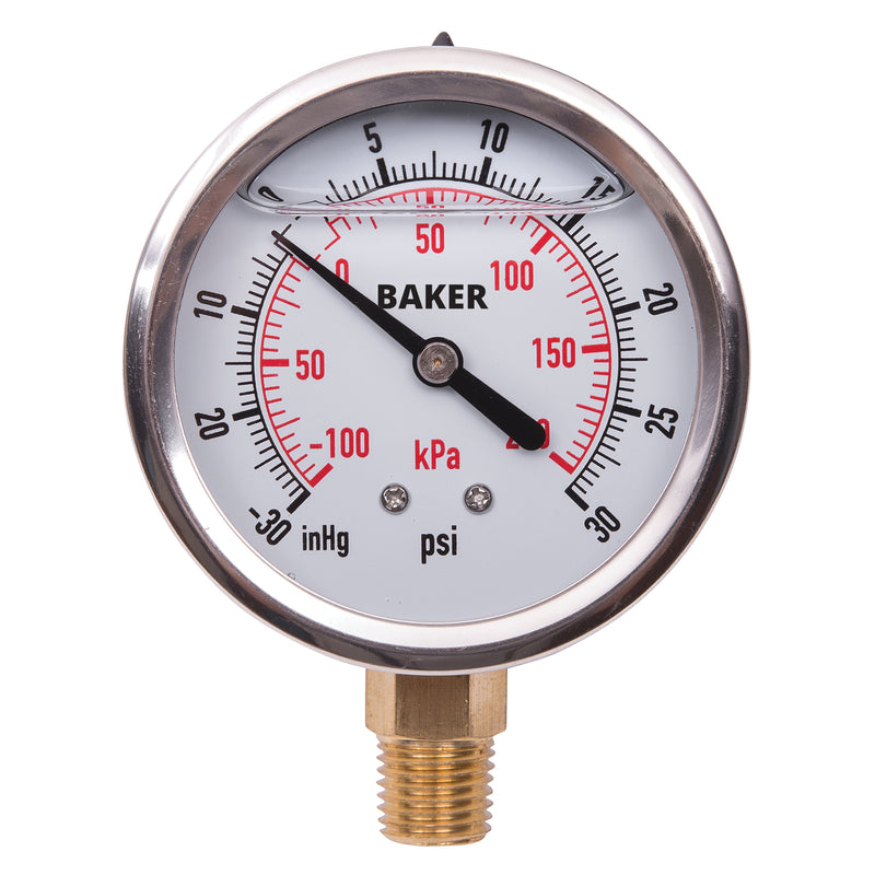 Pressure Gauges, 2-1/2" , 30" Hg-0-30 psi, Bottom Mount, Liquid Filled Analogue