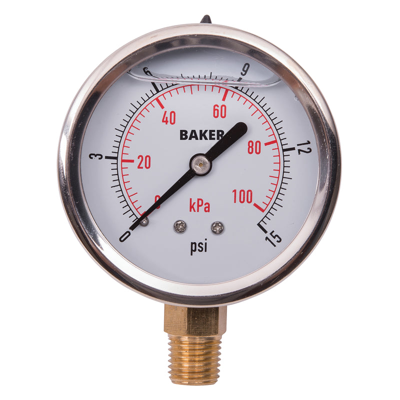 Manomètres, 2-1/2", 0 - 15 psi/0 - 100 kPa, montage inférieur, analogiques remplis de liquide
