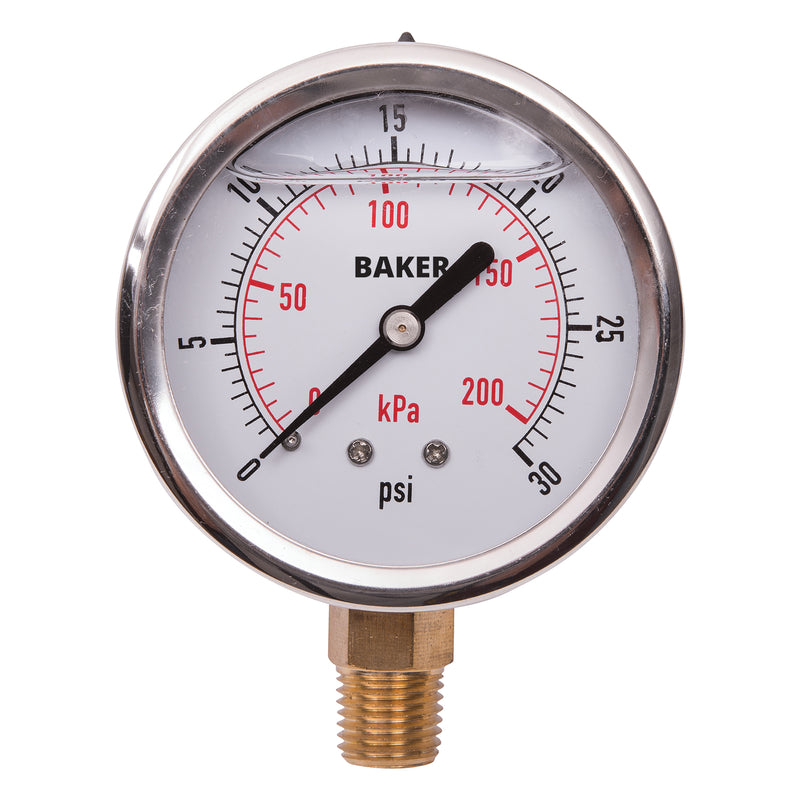 Manomètres, 2-1/2", 0-30 psi/0-200 kPa, montage inférieur, analogiques remplis de liquide