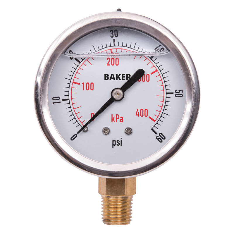 Pressure Gauges, 2-1/2" , 0-60 psi/0-400 kPa, Bottom Mount, Liquid Filled Analogue
