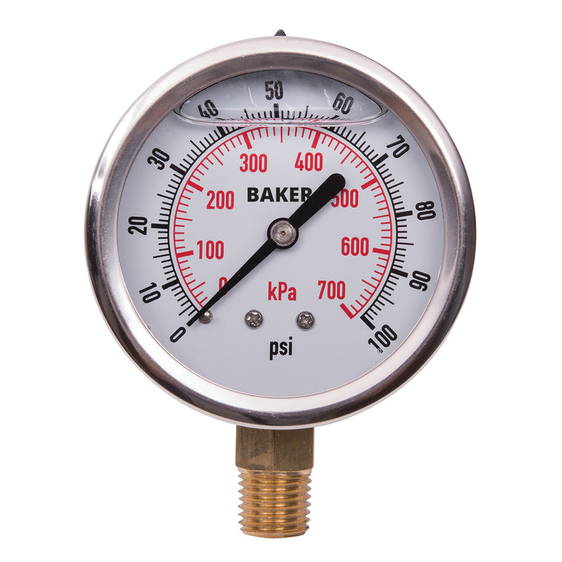 Pressure Gauges, 2-1/2" , 0 - 100 psi, Bottom Mount, Liquid Filled Analogue