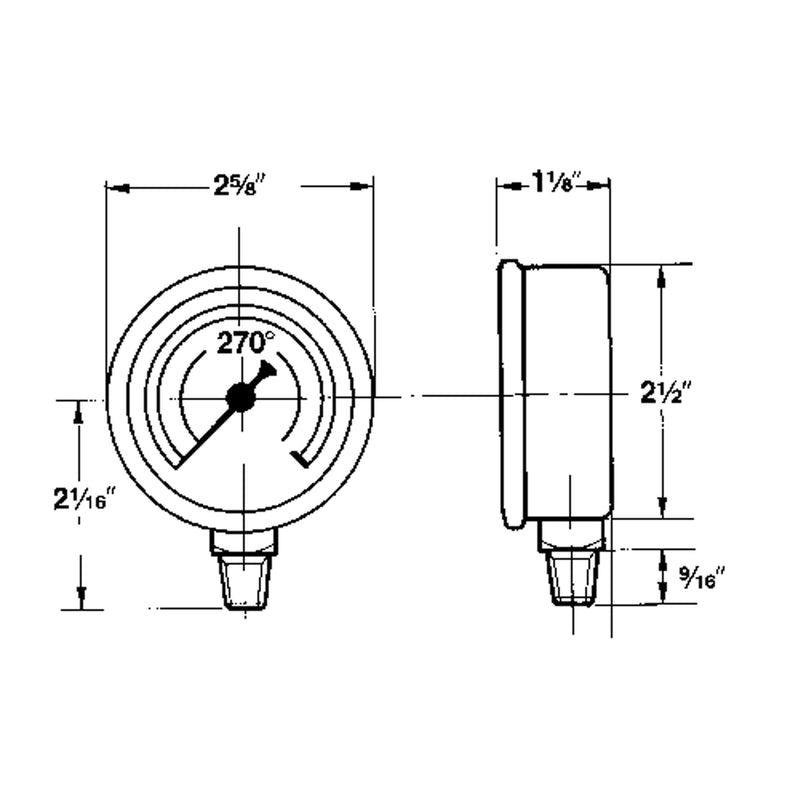 Pressure Gauges, 2-1/2" , 0 - 100 psi, Bottom Mount, Liquid Filled Analogue