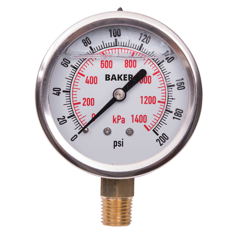 Pressure Gauges, 2-1/2" , 0 - 200 psi/0 - 1400 kPa, Bottom Mount, Liquid Filled Analogue