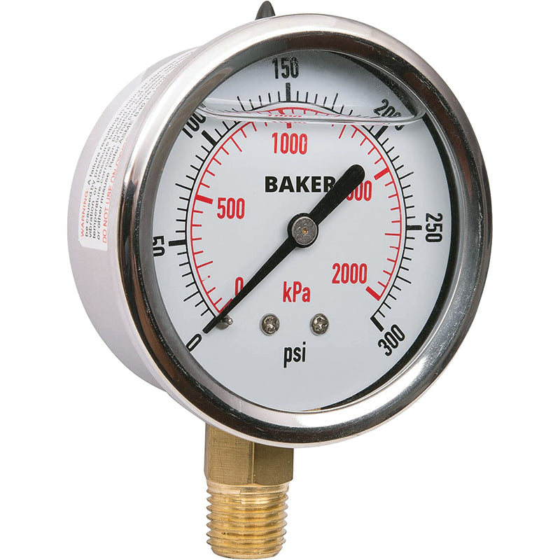 Pressure Gauge, 2-1/2" , 0 - 2100 kPa/0 - 300 psi, Bottom Mount, Liquid Filled Analogue