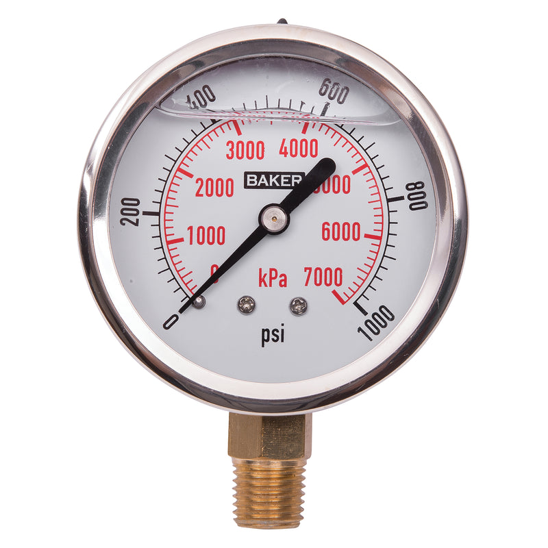 Pressure Gauges, 2-1/2" , 0 - 1000 psi/0 - 7000 kPa, Bottom Mount, Liquid Filled Analogue