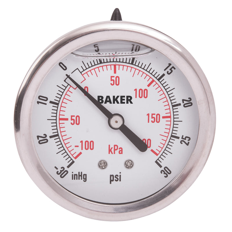 Pressure Gauge, 2-1/2" , 30" Hg-0-30 psi, Back Mount, Liquid Filled Analogue