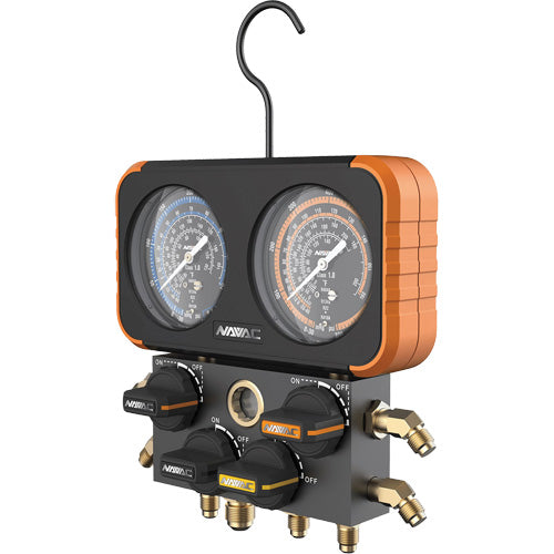 Impact-Resistant Four-Valve Manifold Gauge with 4 Hoses, 3-1/8" , 500 - 800 psi, Bottom Mount, Analogue