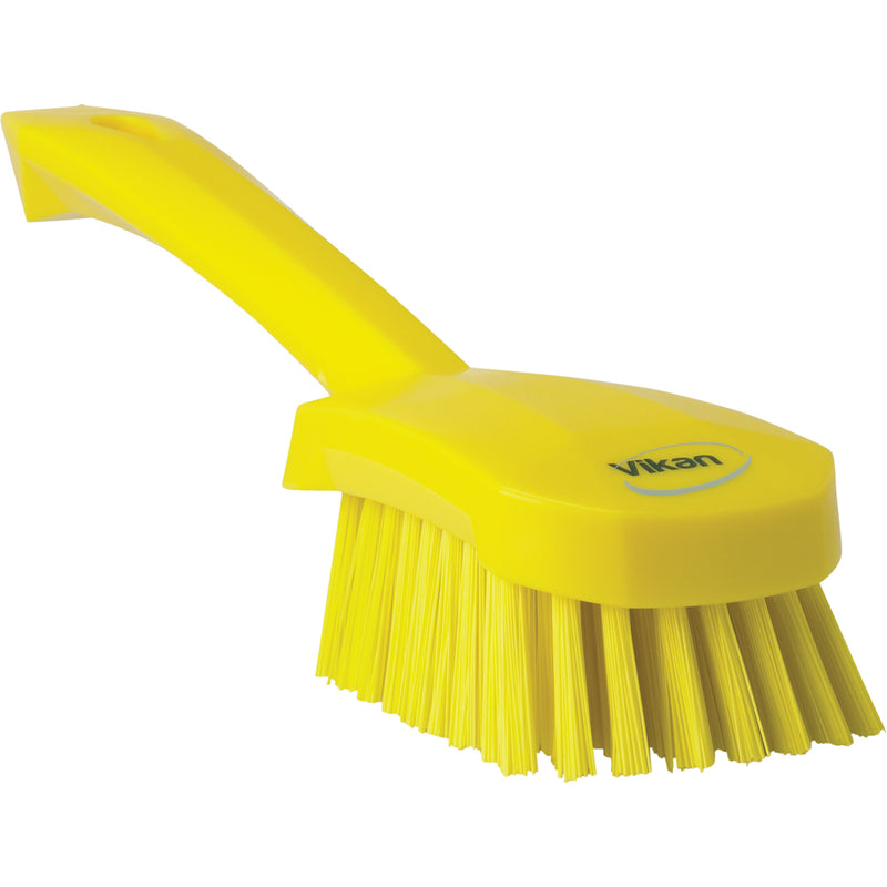 Brosse à baratter à manche court, poils durs, 25 cm de long, jaune