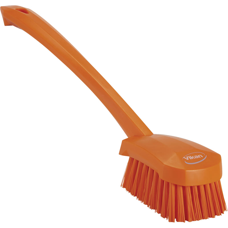 Brosse à long manche, poils durs, 15-1/2" de long, orange