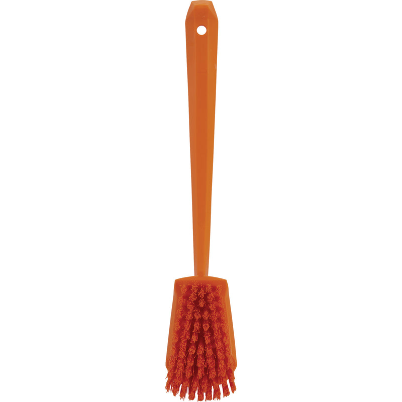 Brosse à long manche, poils durs, 15-1/2" de long, orange