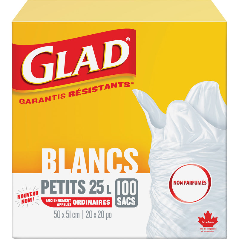 Petits sacs poubelles non parfumés de 25 L, standard, 50,8 cm de large x 50,8 cm de long, blancs, ouverture sur le dessus