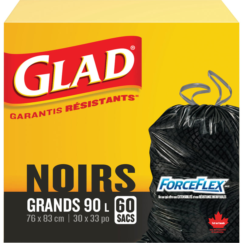 Sacs poubelles 90 L, format standard, 76 cm de large x 84 cm de long, noirs, avec cordon de serrage
