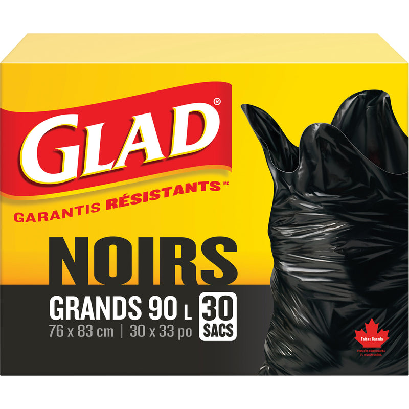 Sacs poubelles 90 L, standard, 76 cm de large x 84 cm de long, noirs, ouverture sur le dessus
