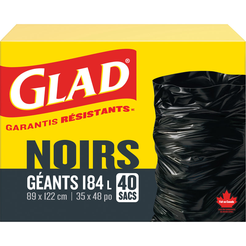 Sacs poubelles 184 L, standard, 89 cm l x 122 cm L, noirs, ouverture sur le dessus