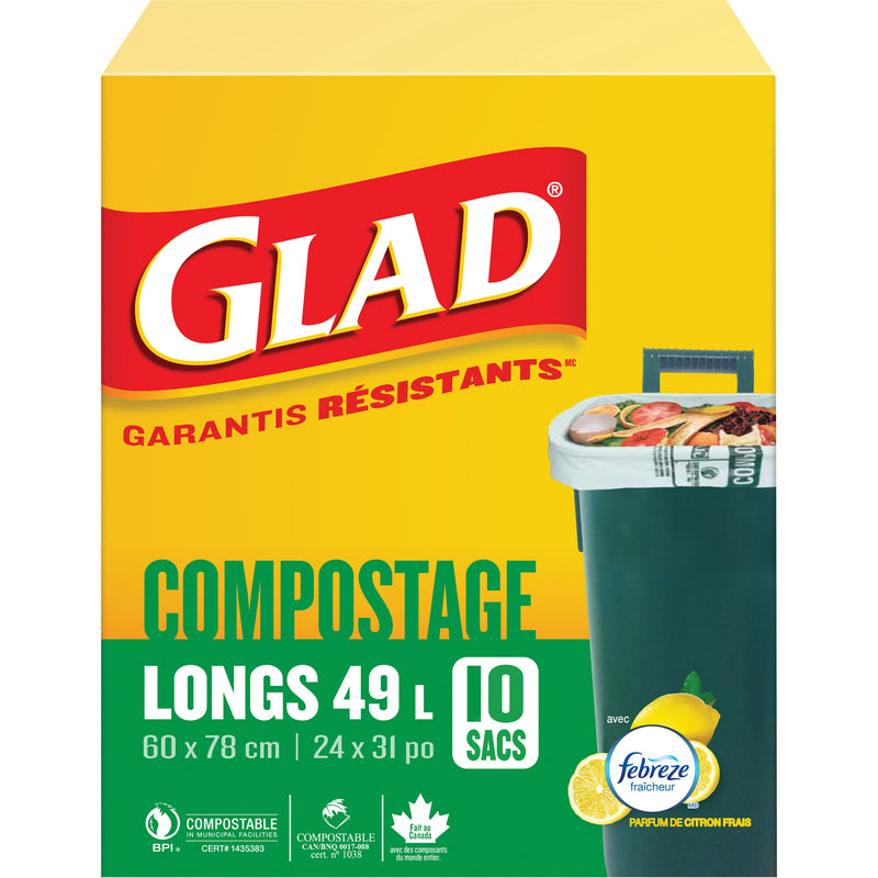 Sacs compostables hauts de 49 L, réguliers, 31 po L x 24 po l, brun, 10 qté/pqt.
