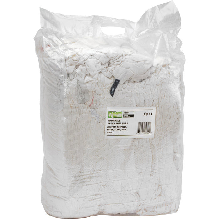 Recycled Material Wiping Rags, Cotton, White, 25 lbs.