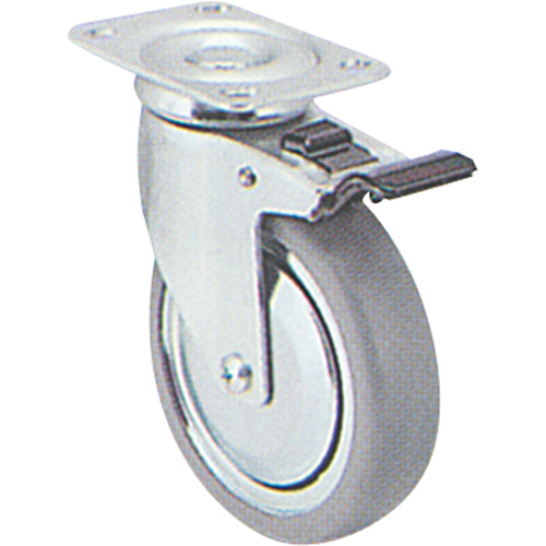 Zinc Plated Caster, Swivel with Brake, 5" (127 mm), Rubber, 240 lbs. (108 kg.)