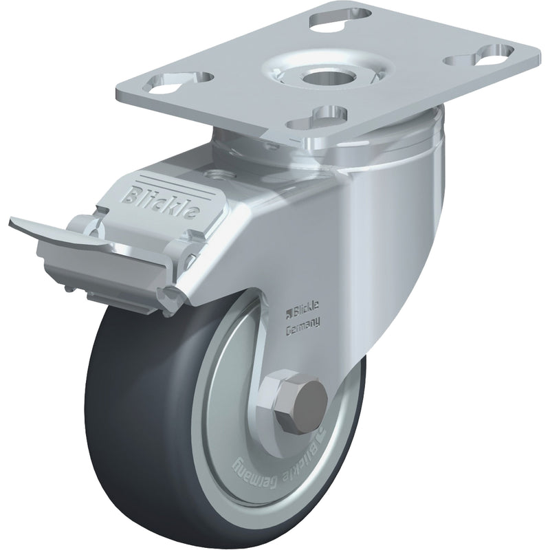 Caster, Swivel with Brake, 3-1/8" (79.5 mm), Thermoplastic Rubber, 130 lbs. (59 kg.)