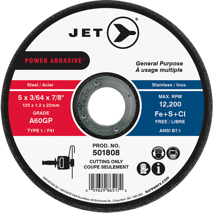 A60GP Power Abrasive Cut Off Wheel, 5" x 0.045"/3/64", 7/8" Arbor, Type 1/F41, 12000 RPM