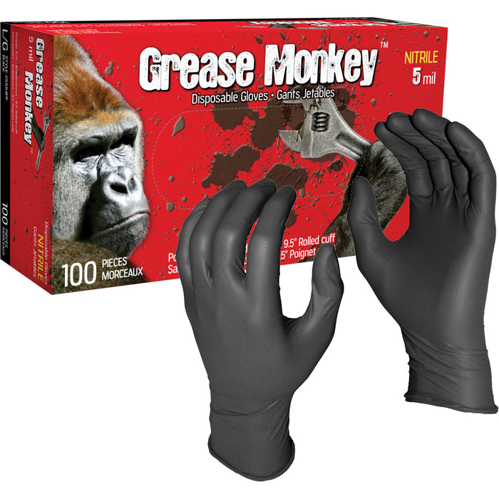 Grease Monkey® Disposable Gloves, Large, Nitrile, 5-mil, Powder-Free, Black