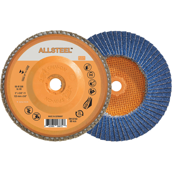 AllSteel™ Flap Disc, 5" x 5/8"-11, Type 27, 60 Grit, Zirconia Alumina