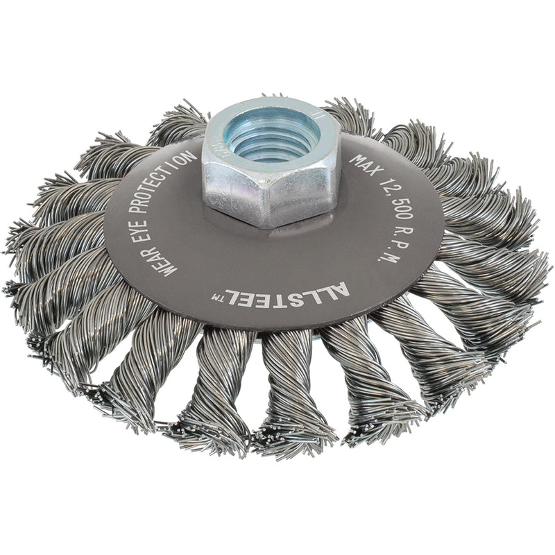 Brosse métallique AllSteel™, diamètre 4 po, remplissage 0,02 po, mandrin 5/8 po-11, acier