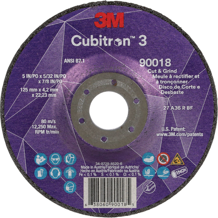 Meule de coupe et de meulage Cubitron™ 3, 5" x 5/32", mandrin 7/8", type T27, grain 36+, céramique