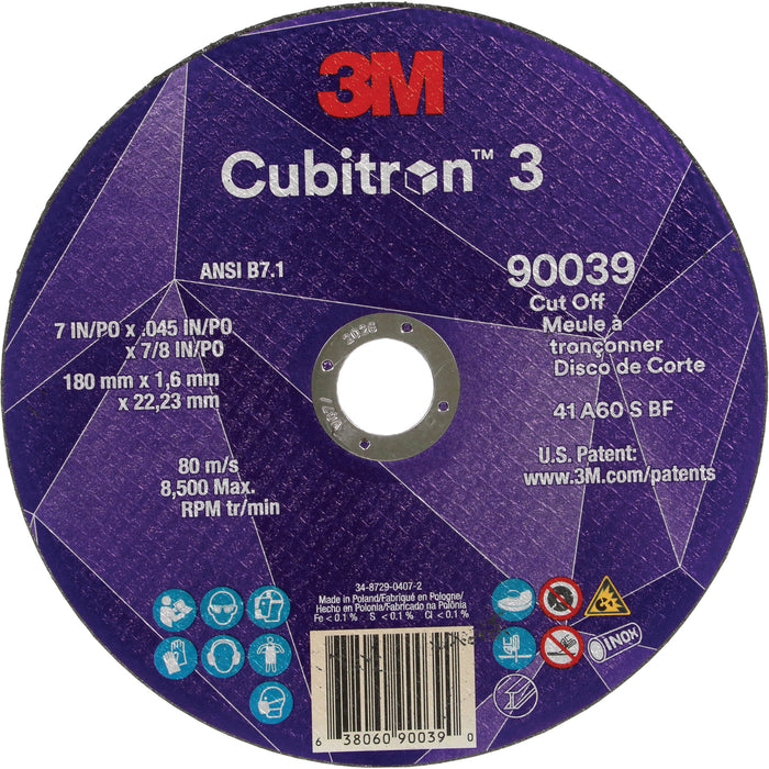 Cubitron™ 3 Cut-Off Wheel, 7" x 0.09", 7/8" Arbor, Type T27, Ceramic, 8500 RPM
